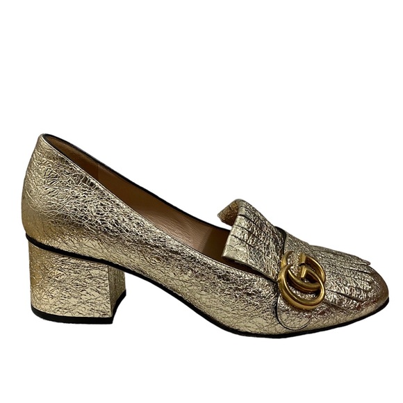 Gucci Marmont GG Logo Golden Fringe Block Mid Heel Kiltie Loafers Pumps - Picture 5 of 15